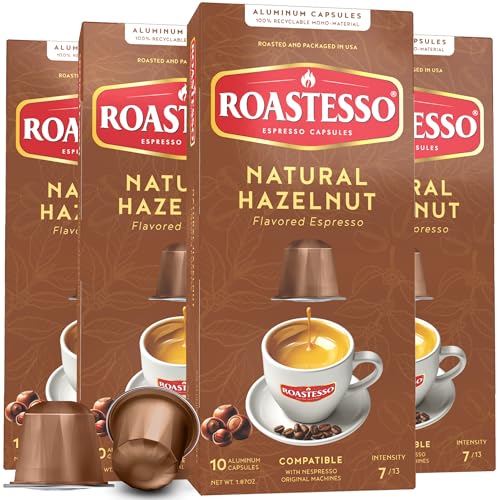 Roastesso, Aluminum Espresso Capsules, Flavors Variety Pack, Natural Flavored Coffee Pods with French Vanilla, Caramel, Chocolate & Hazelnut