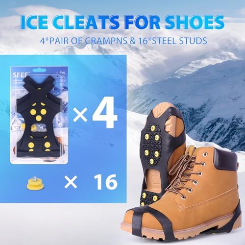 Ice Cleats for Boots Shoes, Snow Grips Cleats for Ice and Snow Anti-Slip Rubber Traction Cleats for Walking on Snow and Ice 10 Steel Studs Crampons for Hiking, Walking, Climbing, Jogging