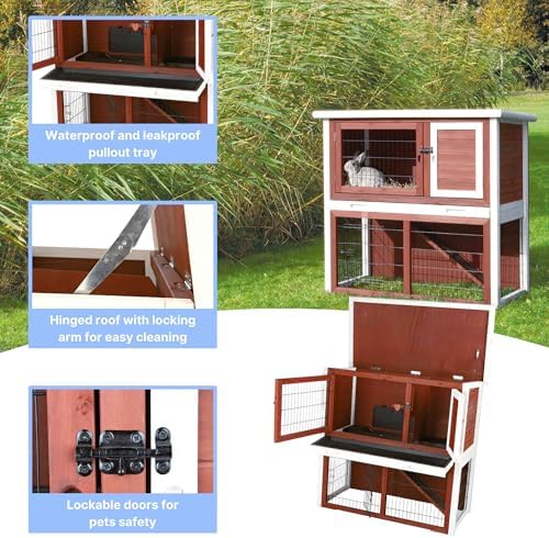 TRIXIE natura Outdoor Rabbit Hutch with Run - 2-Story Rabbit Cage with Non-Slip Ramp - Medium Elevated Small Animal House with Secure Playpen, Hinged Roof & Pull-Out Tray - in Brown