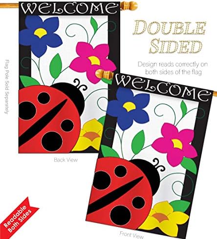 Breeze Decor Two Group HS104059-P2-03 Spring Ladybug Garden Friends Bugs & Frogs Applique Decorative Vertical 28" x 44" Double Sided House Flag Set