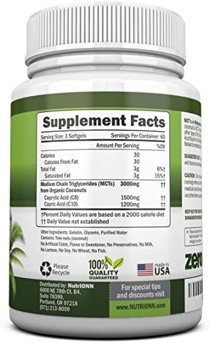 NutriONN MCT Oil - 3000mg Per Serving - 180 Softgels - Made from 100% Organic Coconuts - Non GMO, Cold Pressed