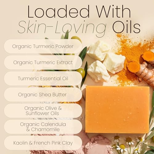 Turmeric Soap for Face & Body, Handmade, Cold Process, Organic. 4.5 oz | Gentle turmeric face wash & cleanser for glowing skin that feels refreshed, soft & balanced. Made in the USA
