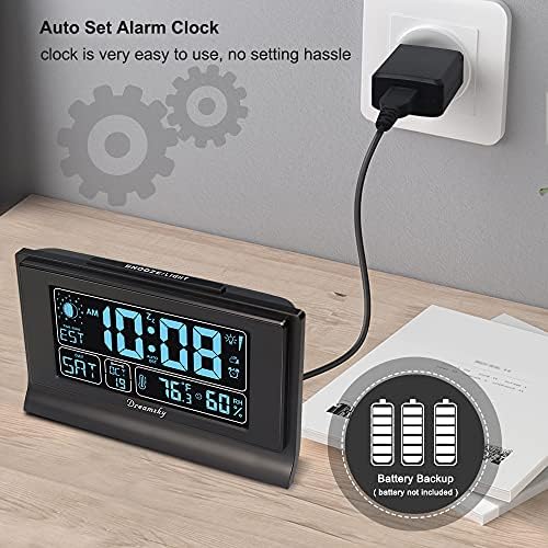 DreamSky Alarm Clocks for Bedrooms with Battery Backup, Auto Set | Digital Clock with Date & Day of Week, 5 Inch Large Display, Weekday, Temperature, USB Port, Auto DST, Brightness Dimmer