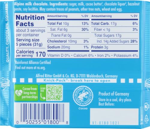 Ritter Alpine Milk Chocolate, 3.5 oz