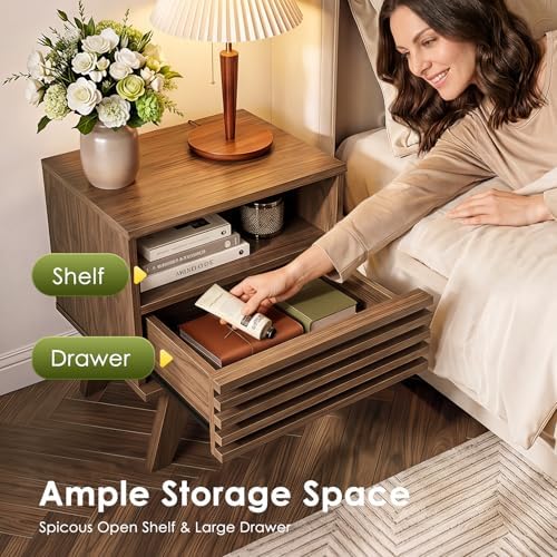 AODK 19 Inch Wide Fluted Nightstand Set of 2 with Drawer, Dark Walnut | Open Storage Shelf, Smooth Metal Slides, 4 Stable Legs
