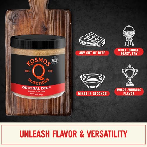 Kosmos Q Reserve Blend Brisket Injection, Premium Beef BBQ Marinade for Tender & Juicy Brisket, Phosphate-Enhanced for Moisture Retention, Competition-Grade Seasoning, Gluten Free, 16 Oz Jar