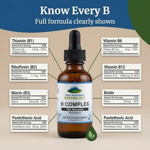Pure Mountain Botanicals Liquid Vitamin B Complex - B12 B6 Drops - Raspberry Flavor - Kosher Non-GMO - 30 Servings