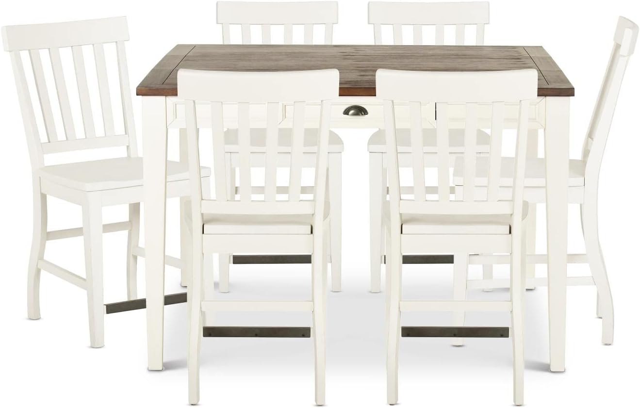 Steve Silver Furniture Cayla Counter 7pc Set, Farmhouse Styling, Includes One Counter Table and 6 Slat Back Chairs, Dining Room, 54" L x 54" W x 36" H
