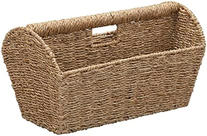 Household Essentials Wicker Magazine Rack, Handwoven Seagrass, Strong Metal Wire Frame, Built-In Handle and Divider, Lightweight, Contemporary, Great for Puzzle Books, Mail and More, Natural