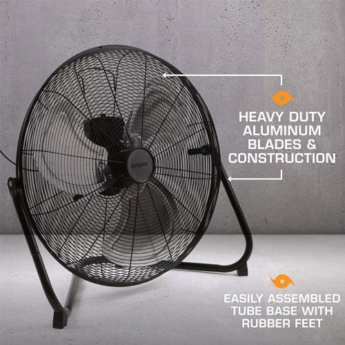 Hurricane Pro High Velocity Metal Blade Floor Fan, 3 Speeds, Black, 20in | Corded Electric Air Cooling Unit w/ 5300 CFM Airflow for Home, Greenhouses