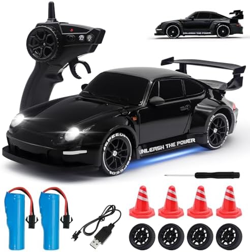 RC Drift Car,1:24 Scale Remote Control Car, 2.4GHz 20KM/H 4WD High Speed RC Cars for Kids with LED Light, Two Batteries,Drifting Tires,Racing Vehicle Toy for Adults Boys Girls Gray
