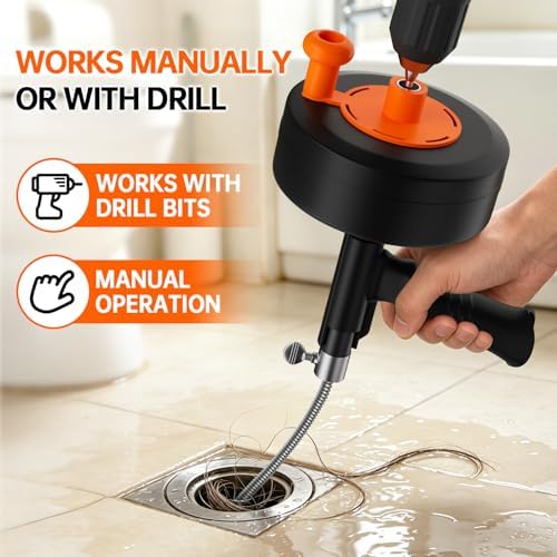 25ft Drain Auger Heavy Duty, Professional Plumbing Snake with Drill Adapter, Manual & Powered Clog Remover for Kitchen, Bathroom, Shower Sink & Bathtub, Flexible Pipe Snake Cleaner with Gloves