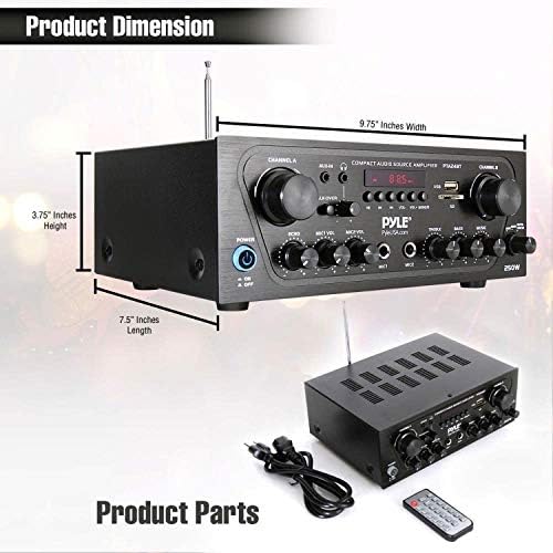 Pyle 2-Channel Bluetooth Home Stereo Amplifier - 250W Wireless Audio Receiver, Karaoke Optimized: Dual Mic In with Echo, Mic Talk-Over, FM Radio