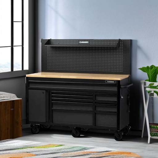 Husky 61 in. W 23 in. D 10-Drawer 1-Door Mobile Workbench with Solid Wood Top and Flip-Up Pegboard in Textured Black
