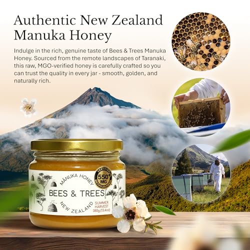 Bees & Trees Manuka Honey 550+ MGO - Raw Pure New Zealand Monofloral, 380g | Natural, Unpasteurized, Minimally Processed Mānuka Honey for Your Daily Routine, Tea, Coffee & Smoothies