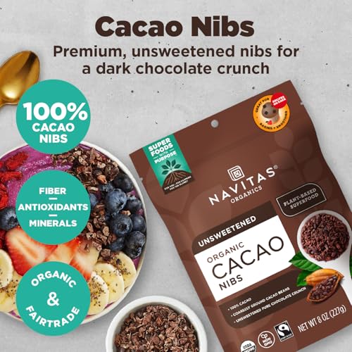 Navitas Organics Cacao Nibs – Unsweetened Dark Chocolate Crunch – Antioxidants, Minerals, Fiber – For Trail Mix, Baking & More – USDA Organic, Fairtrade, Non GMO, Gluten Free, Non-alkalized (8oz. Bag 76 Servings)
