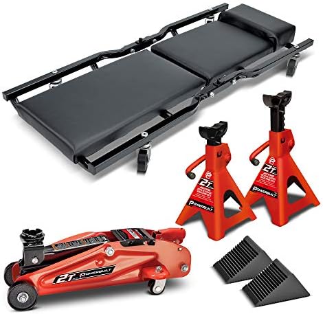 Powerbuilt 6 Piece Car Jack and Garage Creeper Service Set, 2 Ton Vehicle Lift, Jackstands, Folding Creeper, Wheel Chocks, Car Repair Garage Equipment - 640816, Large, Red