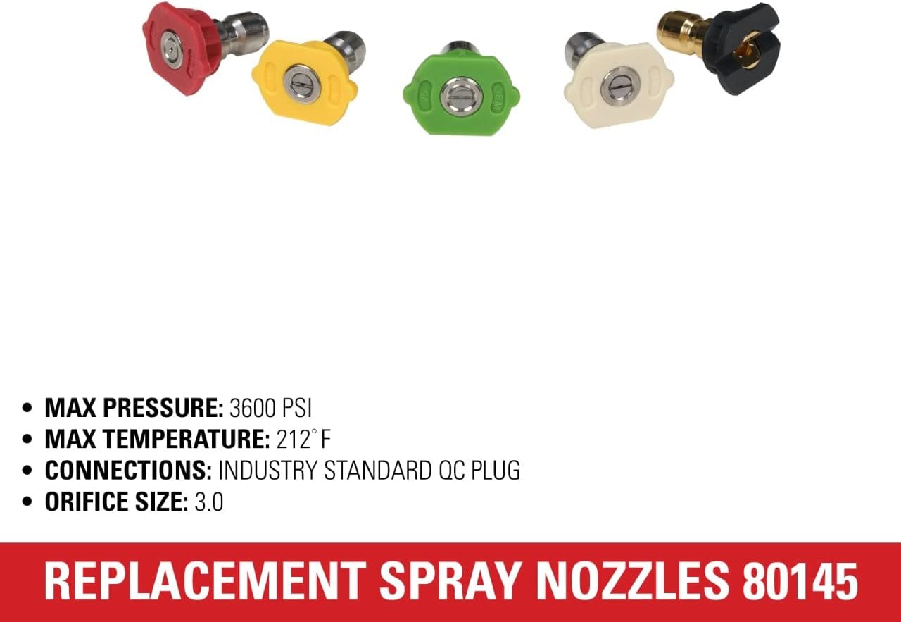 Simpson 3600 PSI 1/4" Quick Connect Pressure Washer Nozzle Set, 5-Pk, 80145 | 5 Spray Patterns (0°, 15°, 25°, 40°, Soap) In One Set