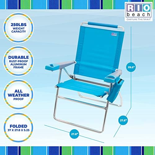 Rio Brands 17" Extended Height 4-Position Folding Beach, Camping, Lawn Chair, Blue/White/Green