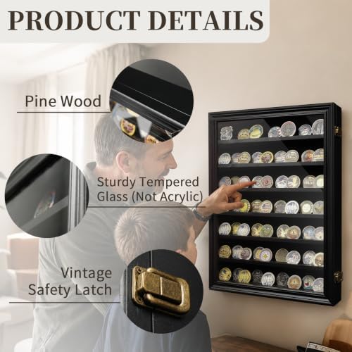 ASmileIndeep 7 Rows Military Challenge Coin Holder Display Cabinet Wall Mount with HD Tempered Glass, Holds 100 Coins, Wooden Medal Display Case Shadow Box with Removable Shelves, Mahogany