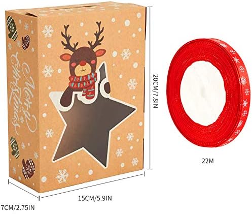 CCINEE Christmas Cookie Boxes,Kraft Treat Box with Window Ribbons for Bakery Candy Gift Giving Supplies,Pack of 12