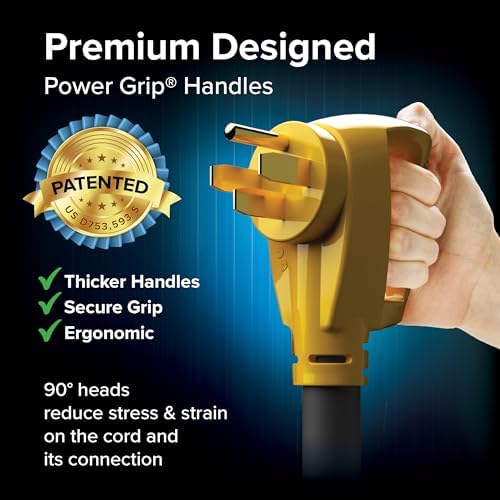 Camco Power Grip 25-Ft 50 Amp RV Extension Cord - NEMA 14-50P Male & FSS2-50R Locking Female Connectors - Rated for 125/250 V/12,500 W - Features Copper 6/3 + 8/1-Gauge Wires for Conductivity (55542)