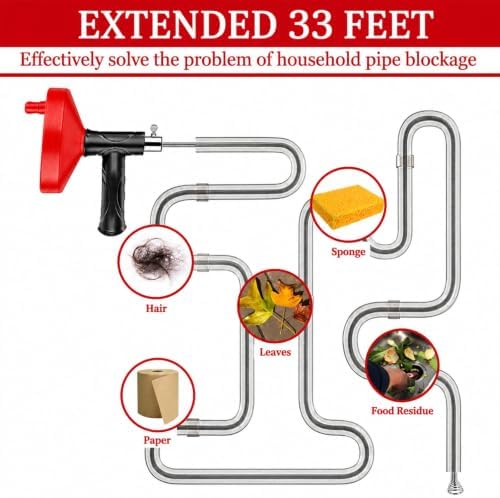 Drain Snake Auger, 33 Feet Plumbing Snake Drain Hair Clog Removal Tool, Heavy Duty Snake Auger