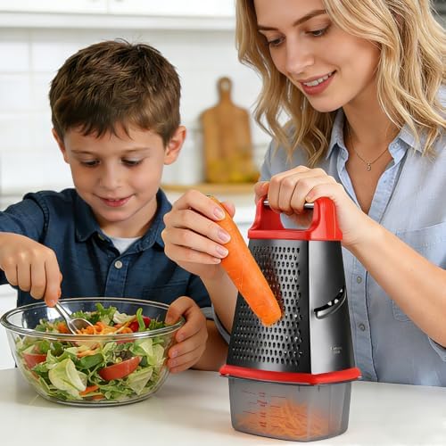 Ourokhome Cheese Grater with Handle, Stainless Steel Box Grater, 4 Side Kitchen Vegetable Shredder Slicer Zester with Container for Parmesan, Cabbage