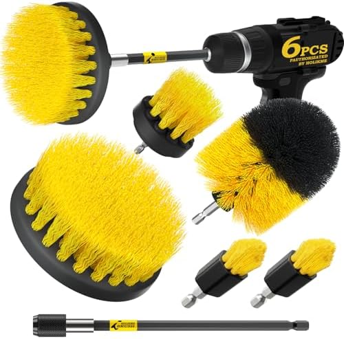 Holikme 6Pc Drill Brush Set - Soft Bristles with Extension for Home Clean | 5 Head Sizes, Yellow Nylon Fibers, Power Scrubber Attachments for Tile, Tub, Shower, Floors, Kitchen and Auto Interior Care