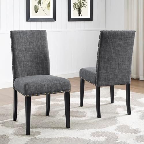 Roundhill Furniture Biony Gray Fabric Dining Chairs with Nailhead Trim, Pack of 2