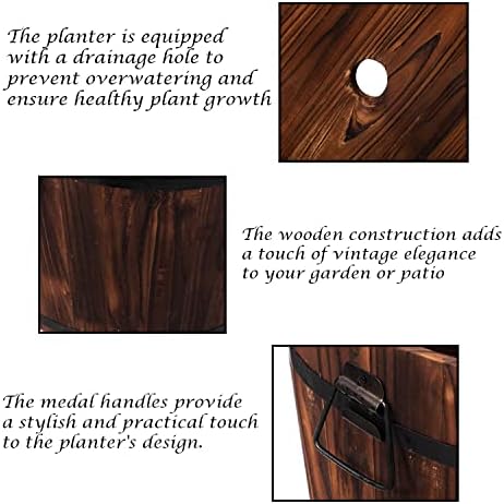 Rustic Wooden Whiskey Barrel Planter with Durable Medal Handles and Drainage Hole - Perfect for Indoor and Outdoor Plants, Herbs, and Vegetables - Medium
