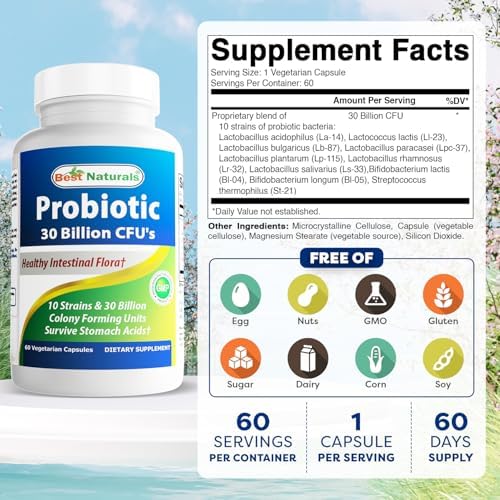 Best Naturals Probiotic 10 Strains & 30 Billion CFU Intestinal Flora, 60 Veggie Capsules (60 Count (Pack of 1))