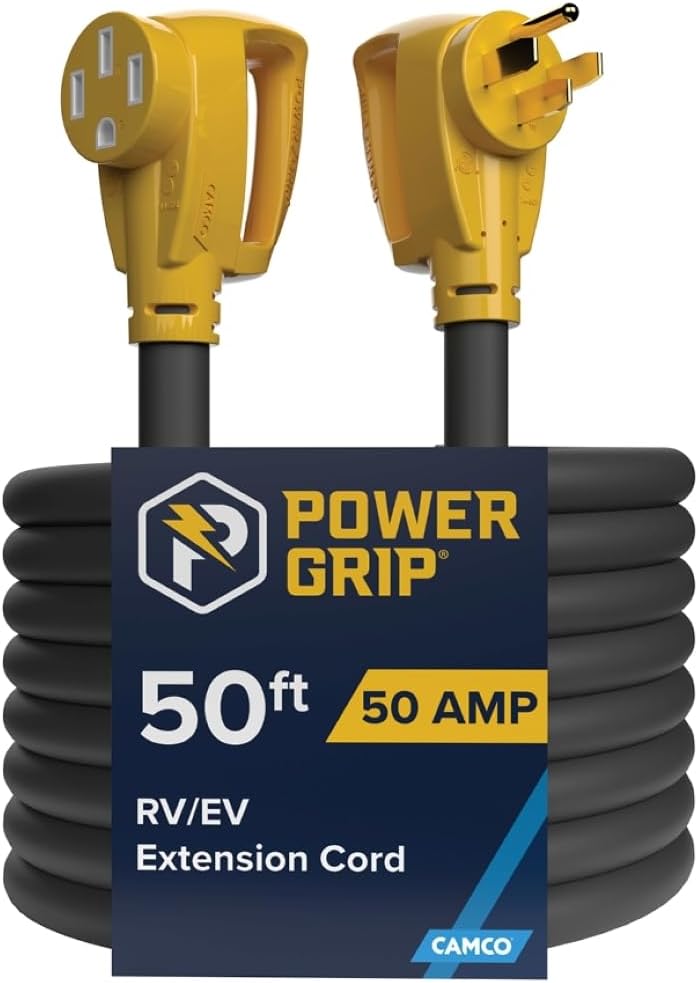 Camco Power Grip 25-Ft 50 Amp RV Extension Cord - NEMA 14-50P Male & FSS2-50R Locking Female Connectors - Rated for 125/250 V/12,500 W - Features Copper 6/3 + 8/1-Gauge Wires for Conductivity (55542)