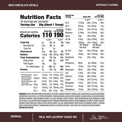 SlimFast Meal Replacement Powder, Original Rich Chocolate Royale, Weight Loss Shake Mix, 10g of Protein, 52 Servings (Packaging May Vary)