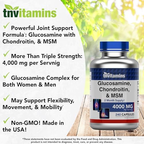 tnvitamins Glucosamine Chondroitin MSM Capsules, 240 Count | 4, 000 mg Per Serving | 2, 000 mg Glucosamine Sulfate 2KCl + 2