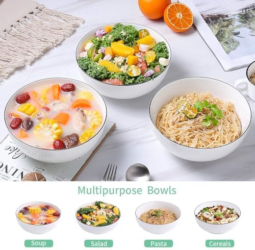 NJCHARMS Large Serving Bowls, 8'' Big Soup Bowl 60OZ Set of 3, White Ceramic Bowl for Kitchen, Pho Bowl for Pasta, Ramen, Soup, Fruit Vegetable