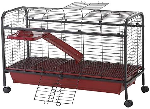 PawHut 41" L Small Animal Cage Rabbit Hutch with Feeder, Rolling Wheels Red