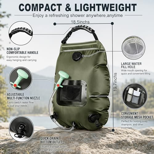 Solar Shower Bag | 5 Gal/20L Solar Heating Camping Shower Bag | Removable Hose | On-Off Switchable Shower Head | Ducha Portatil | Traveling Shower | Portable Shower for Beach Swimming, Hiking