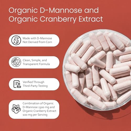 NaturaLife Labs Organic D-Mannose 1300mg + Organic Cranberry Extract 100mg per Serving – Urinary Tract Support – Non-GMO, Gluten-Free & Vegan – 100 Capsules