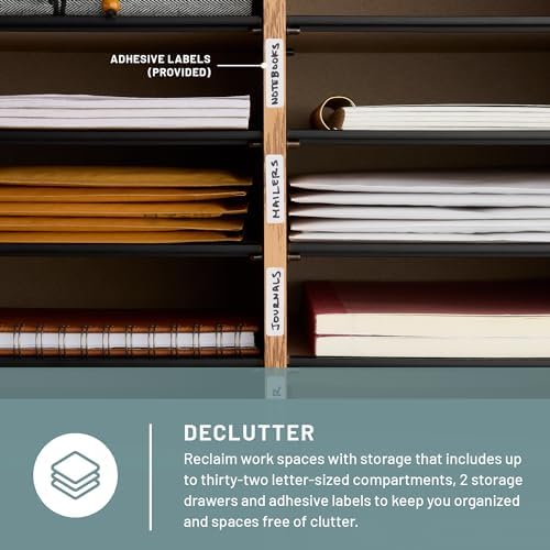 Safco Wooden Paper and Mail Organizer for Home Office and Classroom, Adjustable Shelves and Stackable, 12 Compartments with Drawers, Modern Gray