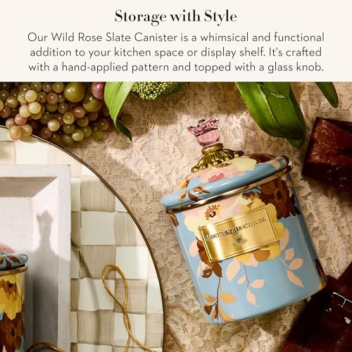 MACKENZIE-CHILDS Enamel Canister, Small, Wild Rose Brown | Hand-applied design, made from enameled steel, versatile kitchen storage container for flour and sugar, 38-ounce capacity