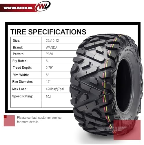 WANDA Set 2 ATV UTV Tire AT 25x10-12 25x10x12 6PR Power-Trail 10165 | POWER-TRAIL Series Classic Solid Non-Direction Lugs Cover All Terrains