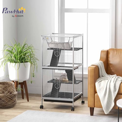 PawHut Metal Small Animal Cage, 4-Tiers Rolling Big Ferret Cage, Gray