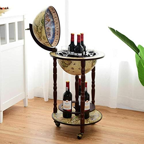 17" Wood Globe Wine Bar Stand Liquor Bottle Shelf Cart 16th Century Italian Rack