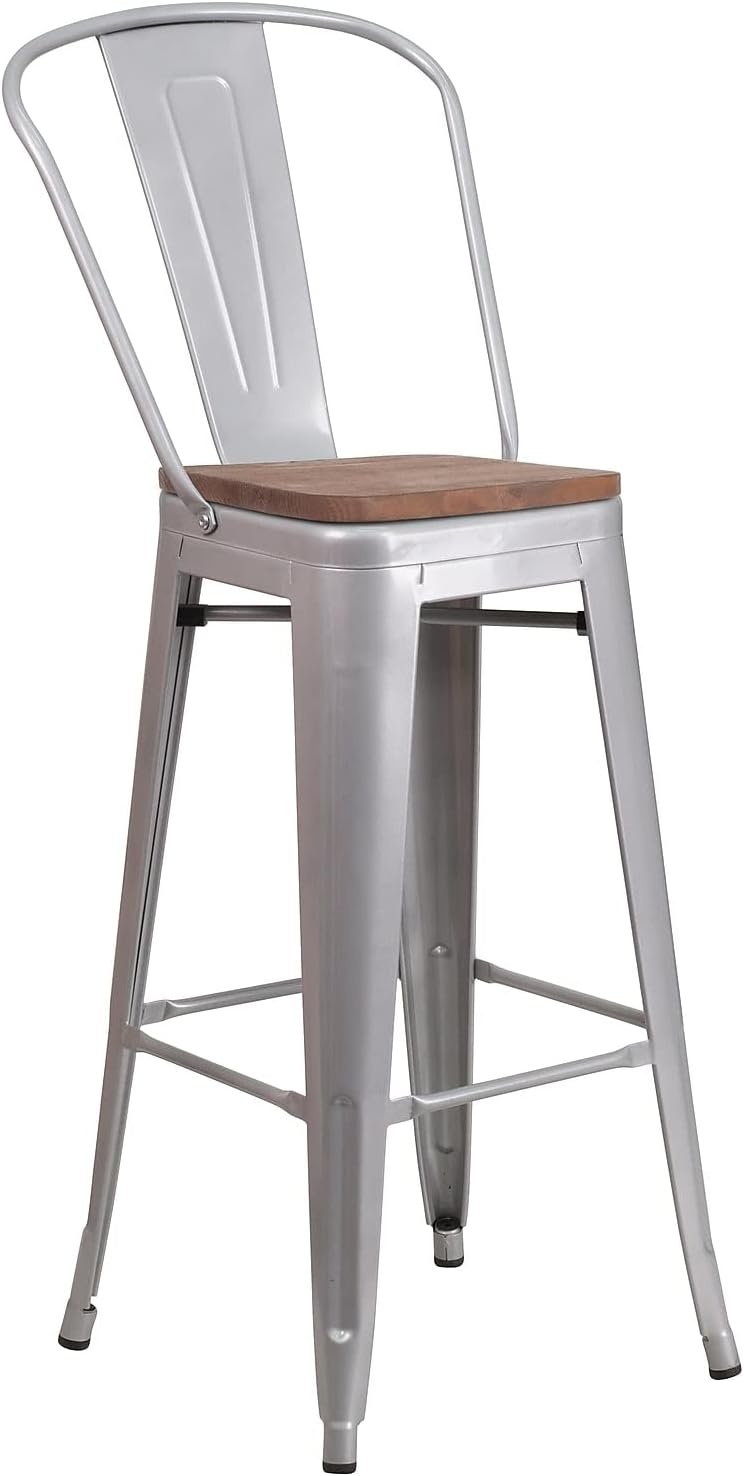 Flash Furniture 30 in Metal Barstool with Back, Blue | Commercial Grade, Removable Back, Indoor/Outdoor Use