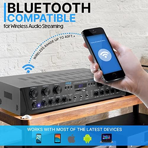 Pyle Bluetooth Home Audio Amplifier - 6 Channel Stereo Receiver Amp, 600 Watt Power, Commercial or Karaoke with Mic Talkover, Headphone Jack