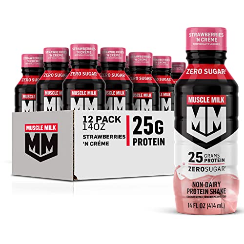 Muscle Milk Genuine Protein Shake, Chocolate, 14 Fl Oz Bottle, 12 Pack, 25g Protein, Zero Sugar, Calcium, Vitamins A, C & D, 6g Fiber, Energizing Snack, Workout Recovery, Packaging May Vary