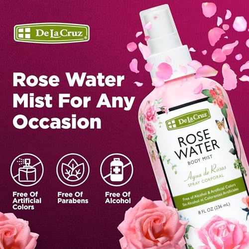 De La Cruz Rose Water Body & Hair Mist, 8 fl. oz Spray (236 mL) | Rose Water Spray, With Rose Flower Extract, Face, Hair & Body Mist, Home Mist, Alcohol Free, Refreshing & Soothing