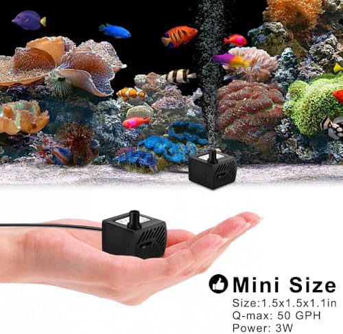 2Pcs Mini Fountain Pump (50GPH 3W), Ultra Quiet Submersible Water Pump for Aquarium, Small Fish Tank, Pet Water Fountain, Tabletop Fountains