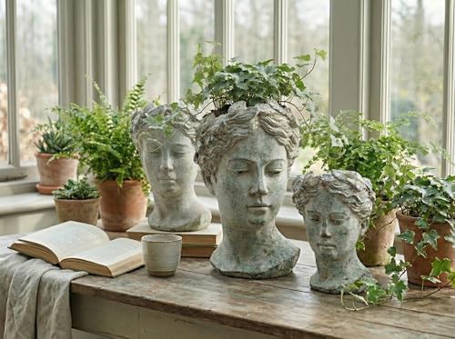 Abbott Collection Large Woman Head Planter | Hand-Finished Greco-Roman Style, Indoor & Outdoor, For Flowers & Succulents, Cement, Gray, 10"H